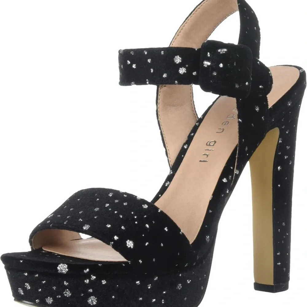 Madden Girl ROLLOO Black& Silver Velvet Platform Block Heels 4” Size 7.5 - Picture 4 of 4